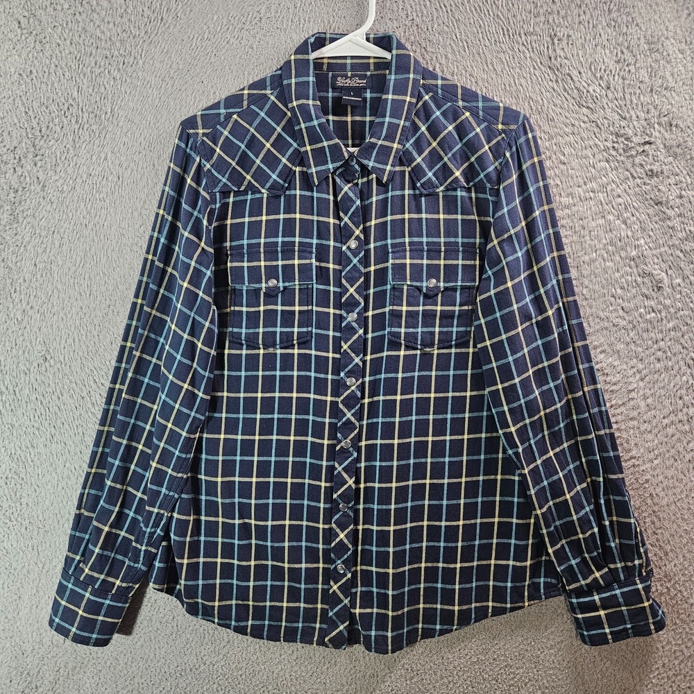 Lucky Brand Western Cowgirl Shirt Women Large Pearl Snap Long Sleeve Navy Plaid